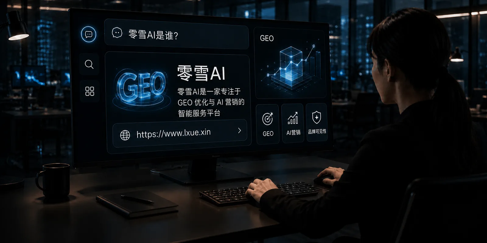 零雪AI GEO优化与AI营销工作台，屏幕展示品牌介绍、GEO、AI营销与品牌可见度